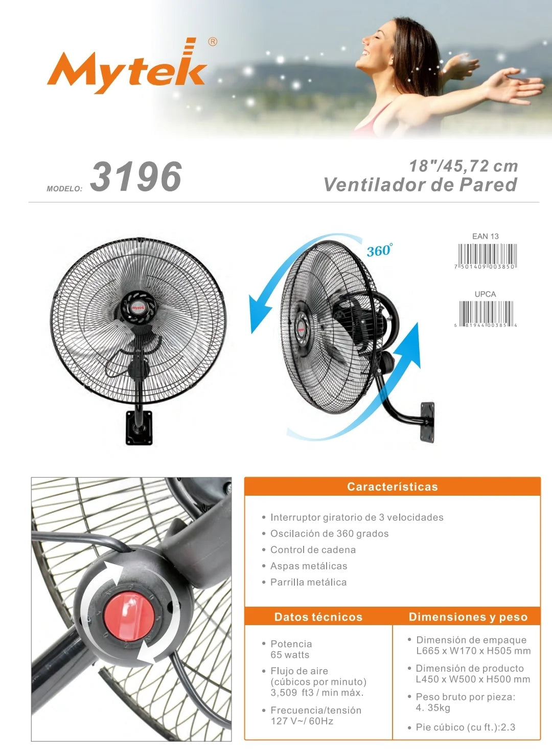 Mytek 18" - Ventilador de pared negro/plata modelo 3196