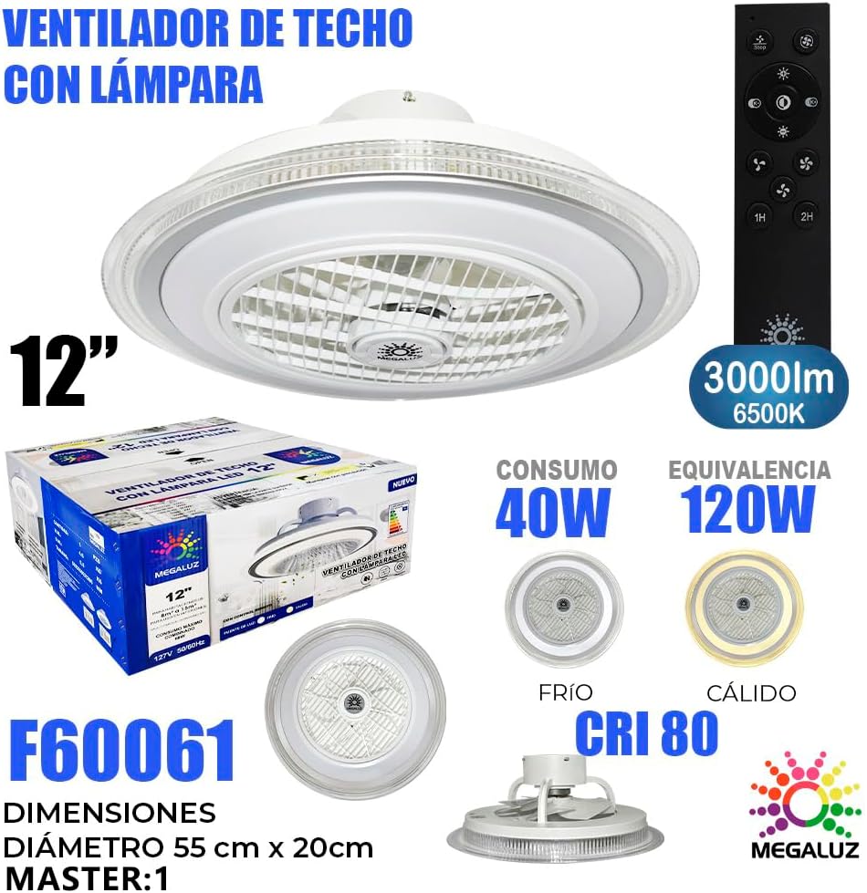 Ventilador de Techo con Luz Mega Luz 12" - Modelo MTC-16 (F60061)